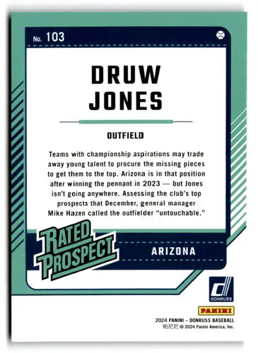 Drew Jones baseball card from 2024 Donruss Green Laser series featuring Diamondbacks rookie
