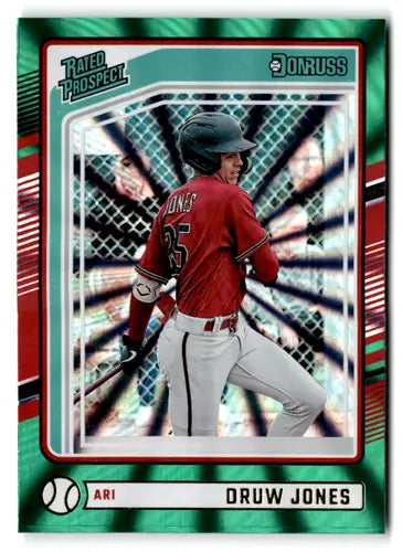 Baseball card featuring Druw Jones from 2024 Donruss Green Laser rookie series