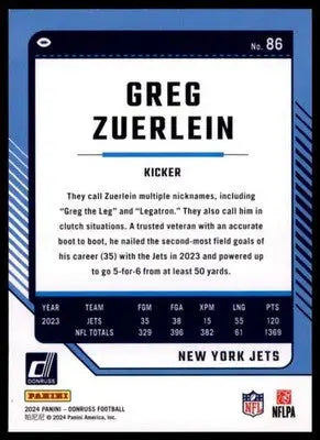 2024 Donruss Greg Zuerlein 86 New York Jets - Football Card Single