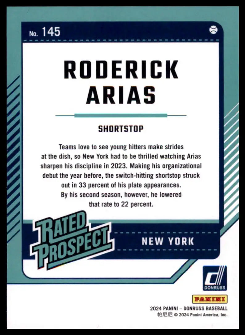 2024 Donruss - Holo Roderick Arias 145 New York Yankees Baseball NM - Baseball Card Single