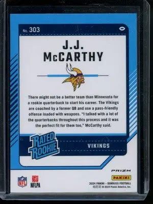 2024 Donruss J.J. McCarthy #303 Preview Pink Rated Rookie Football - Football Card Single
