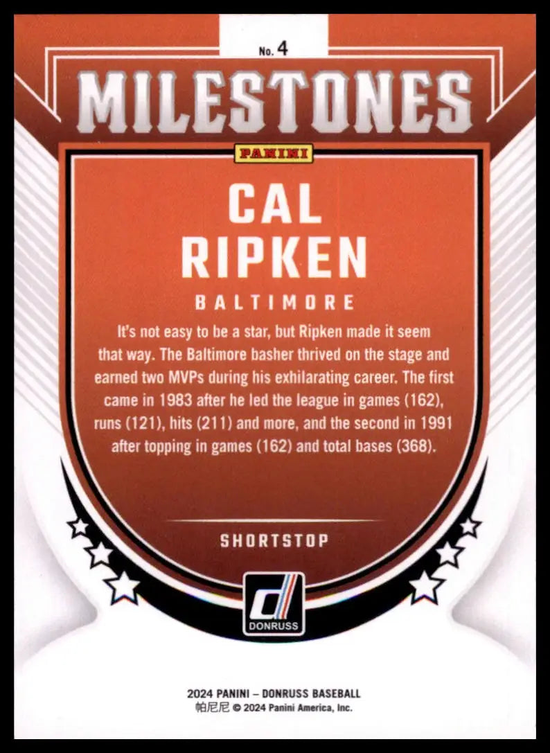 2024 Donruss - Milestones Cal Ripken 4 Baltimore Orioles Baseball NM - Baseball Card Single