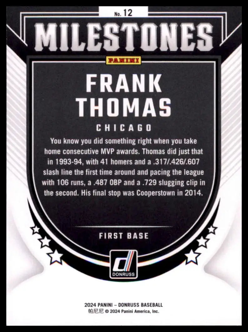 2024 Donruss - Milestones Frank Thomas 12 Chicago White Sox NM - Baseball Card Single