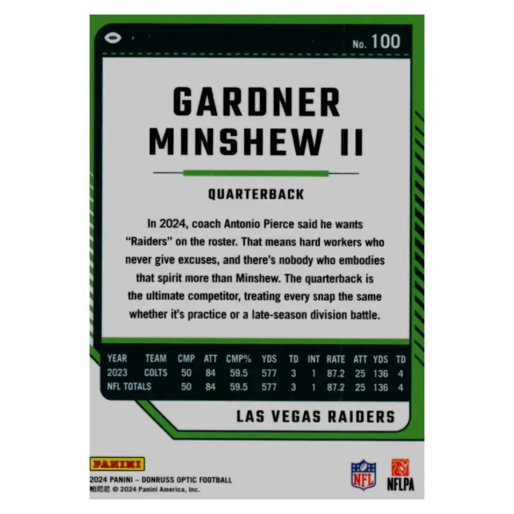 2024 Donruss Optic #100 Gardner Minshew II NM-MT Las Vegas Raiders Football Card - Football Card Single