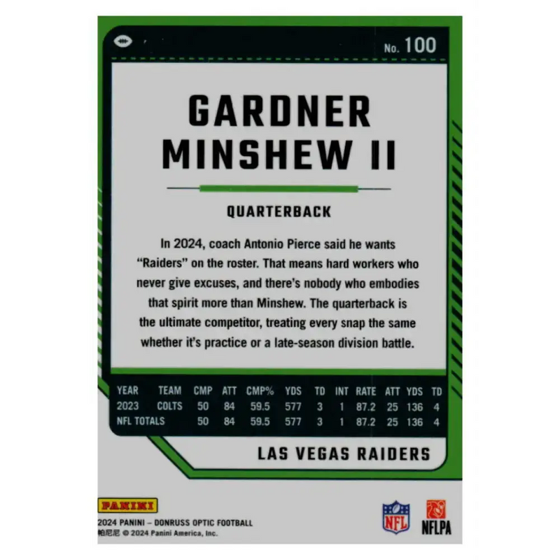 2024 Donruss Optic #100 Gardner Minshew II NM-MT Las Vegas Raiders Football Card - Football Card Single