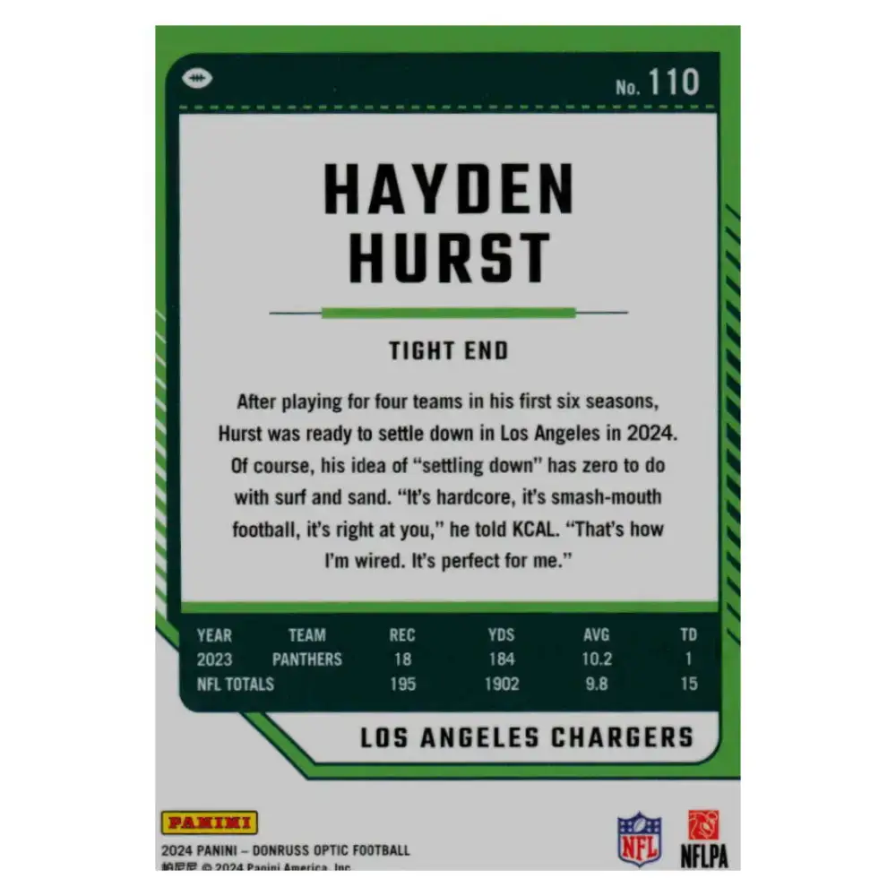 2024 Donruss Optic #110 Hayden Hurst NM-MT Los Angeles Chargers Football Card - Football Card Single