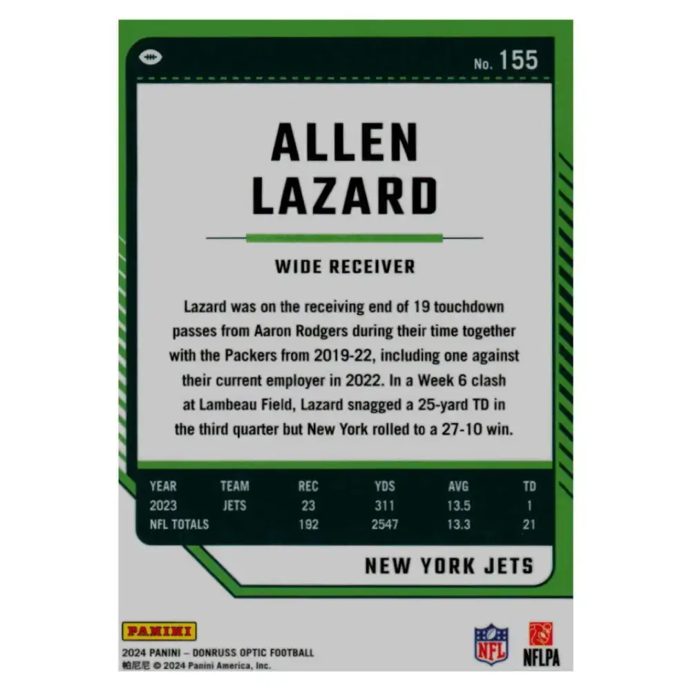 2024 Donruss Optic #155 Allen Lazard NM-MT New York Jets Football Card - Football Card Single