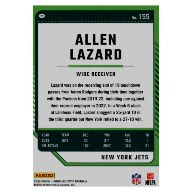 2024 Donruss Optic #155 Allen Lazard NM-MT New York Jets Football Card - Football Card Single