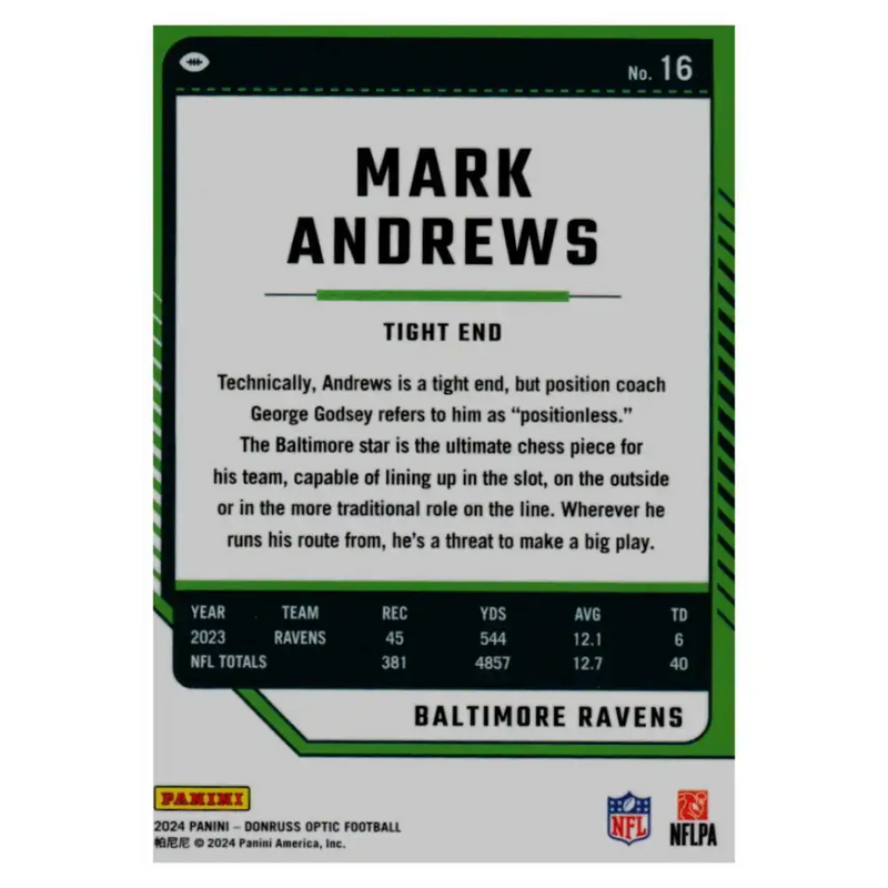 2024 Donruss Optic #16 Mark Andrews NM-MT Baltimore Ravens Football Card - Football Card Single