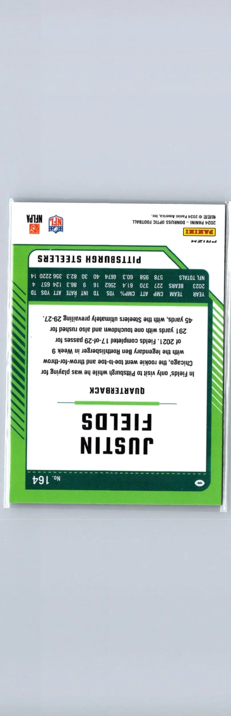 Football trading card featuring Justin Fields Holo from 2024 Donruss Optic series