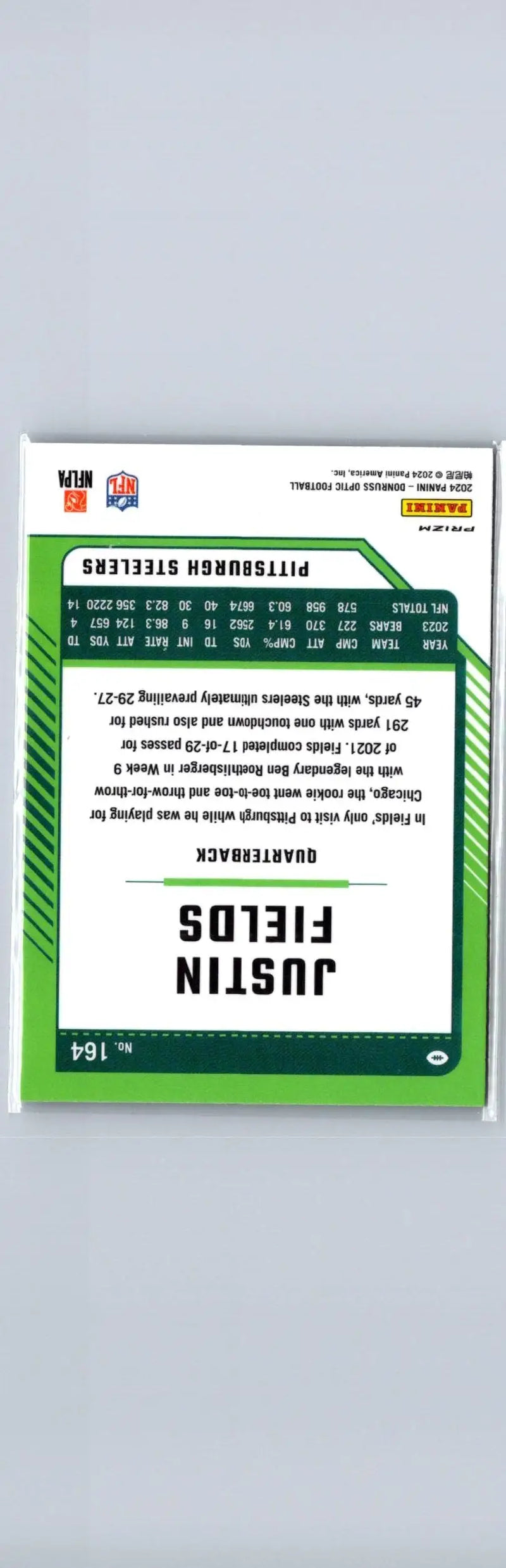 Football trading card featuring Justin Fields Holo from 2024 Donruss Optic series