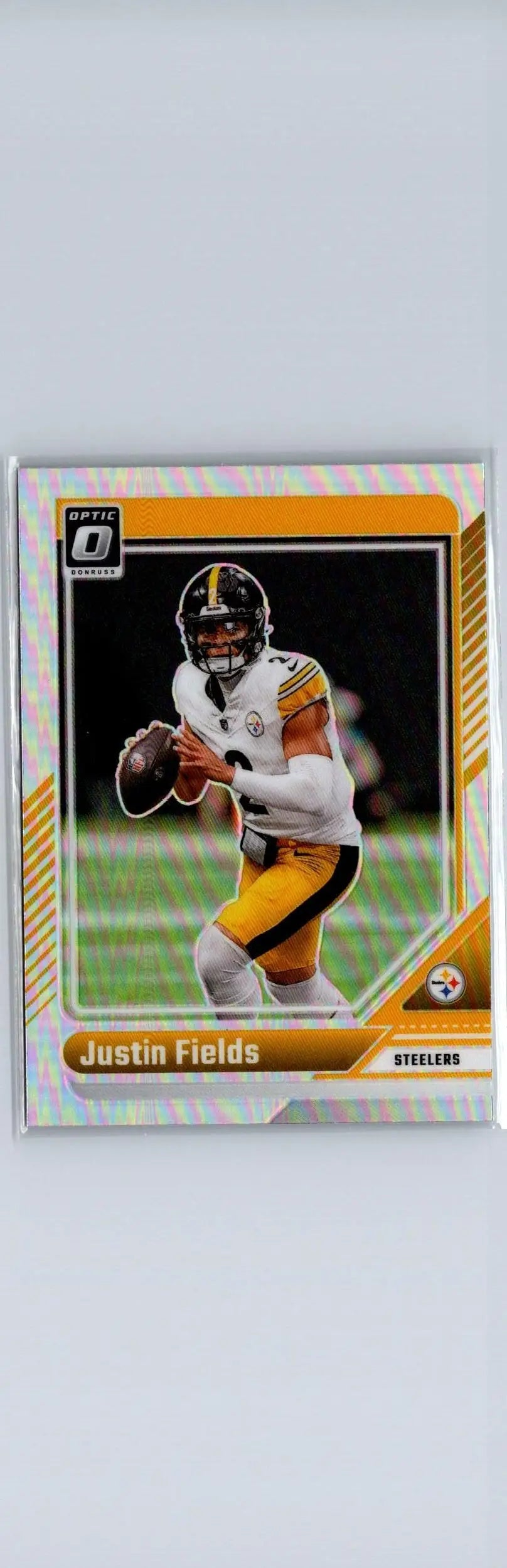 Justin Fields Holo football card from 2024 Donruss Optic series featuring Steelers player