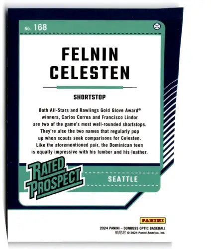 Felnin Celesten rookie Mariners baseball card in 2024 Donruss Optic series