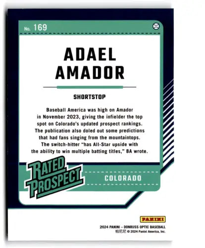Original gloss Donruss Optic Adael Amador baseball card 2024 Rockies rookie ID 74147