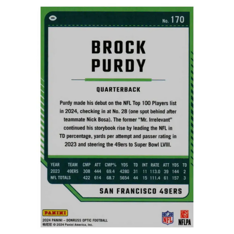 2024 Donruss Optic #170 Brock Purdy NM-MT San Francisco 49ers Football Card - Football Card Single