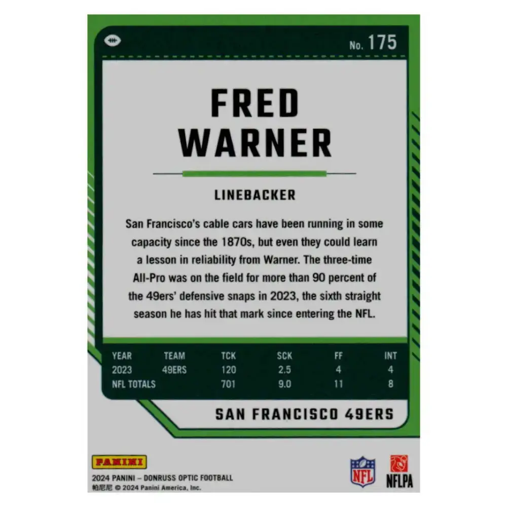 2024 Donruss Optic #175 Fred Warner NM-MT San Francisco 49ers Football Card - Football Card Single