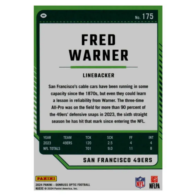 2024 Donruss Optic #175 Fred Warner NM-MT San Francisco 49ers Football Card - Football Card Single