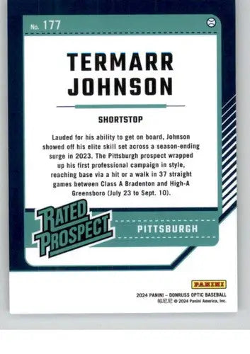 Original gloss Donruss Optic Termarr Johnson baseball card from 2024 Rookie Pirates