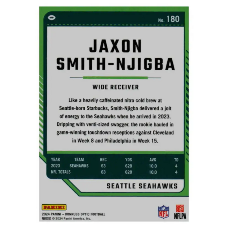 2024 Donruss Optic #180 Jaxon Smith-Njigba NM-MT Seattle Seahawks Football Card - Football Card Single