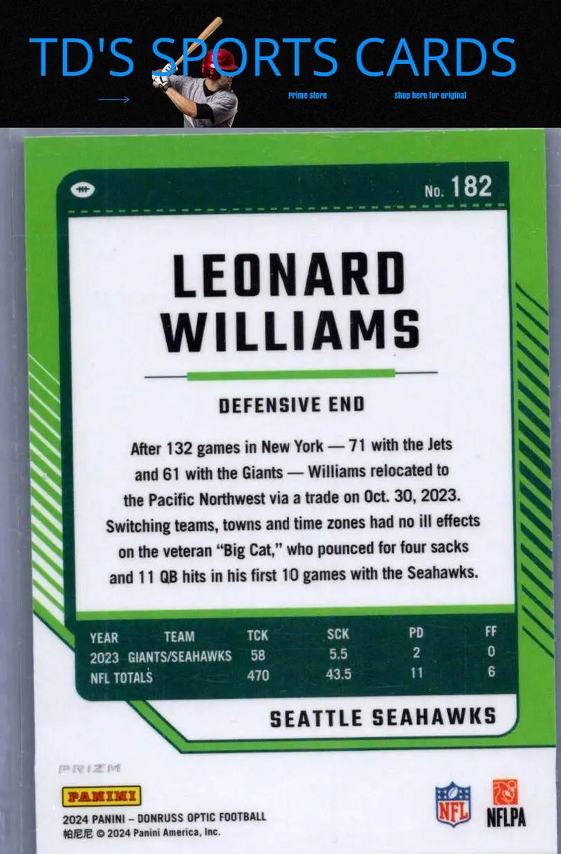 Leonard Williams football card from 2024 Donruss Optic series displayed in product shot