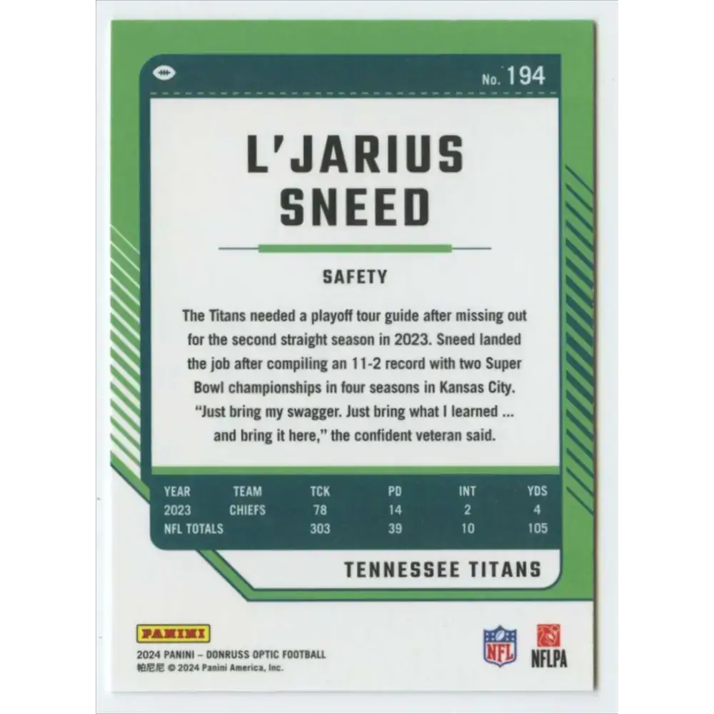 2024 Donruss Optic #194 L’Jarius Sneed NM-MT Tennessee Titans Football Card - Football Card Single