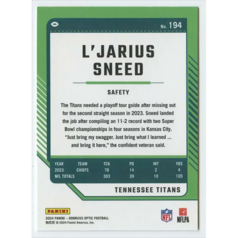 2024 Donruss Optic #194 L’Jarius Sneed NM-MT Tennessee Titans Football Card - Football Card Single