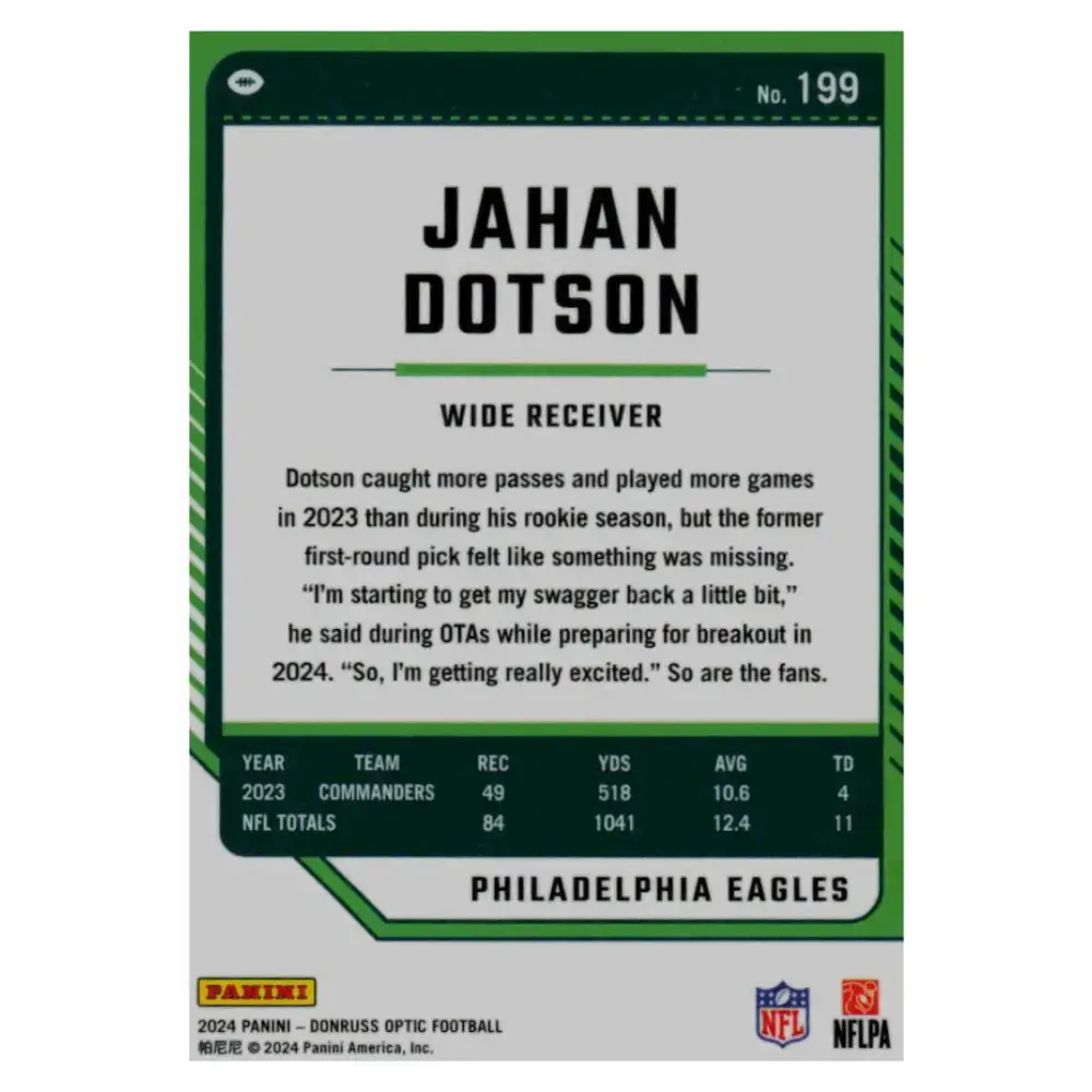 2024 Donruss Optic #199 Jahan Dotson NM-MT Philadelphia Eagles Football Card - Football Card Single