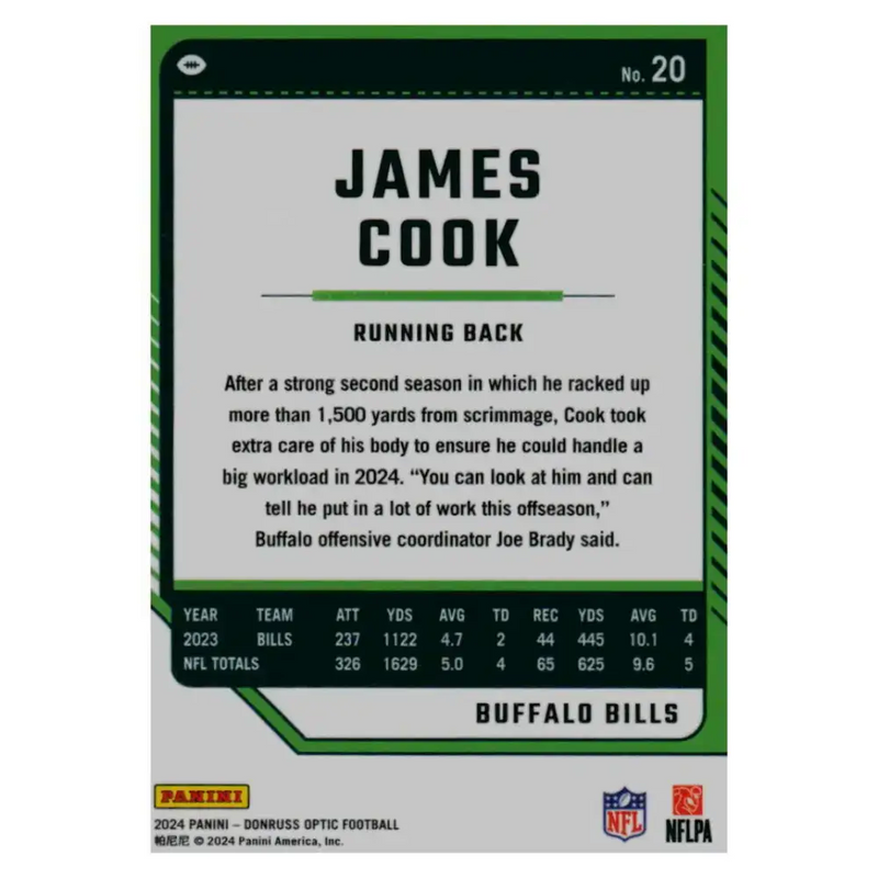 2024 Donruss Optic #20 James Cook NM-MT Buffalo Bills Football Card - Football Card Single