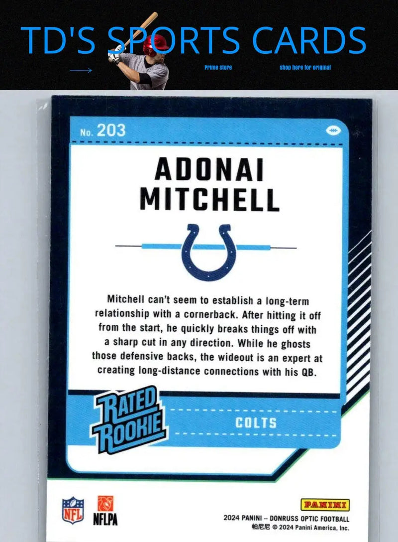 Adonai Mitchell football card from 2024 Donruss Optic series displayed on product page