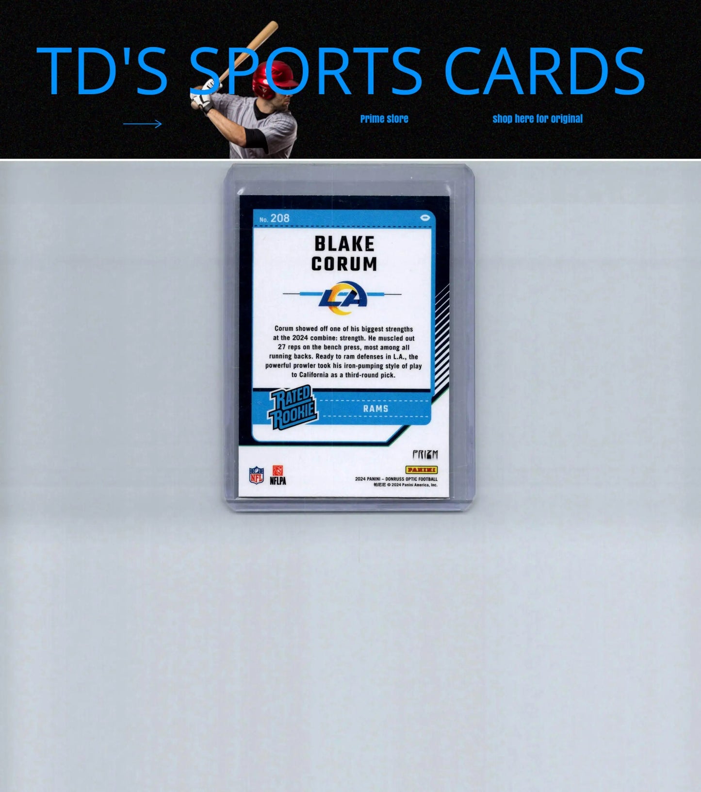 Blake Corum football card from 2024 Donruss Optic featuring Corum Purple Shock design