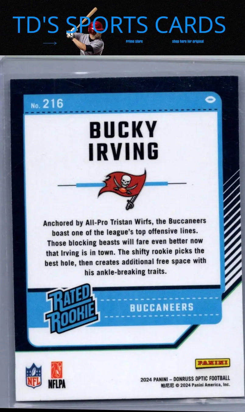 Bucky Irving football card from 2024 Donruss Optic series showcasing NFL player