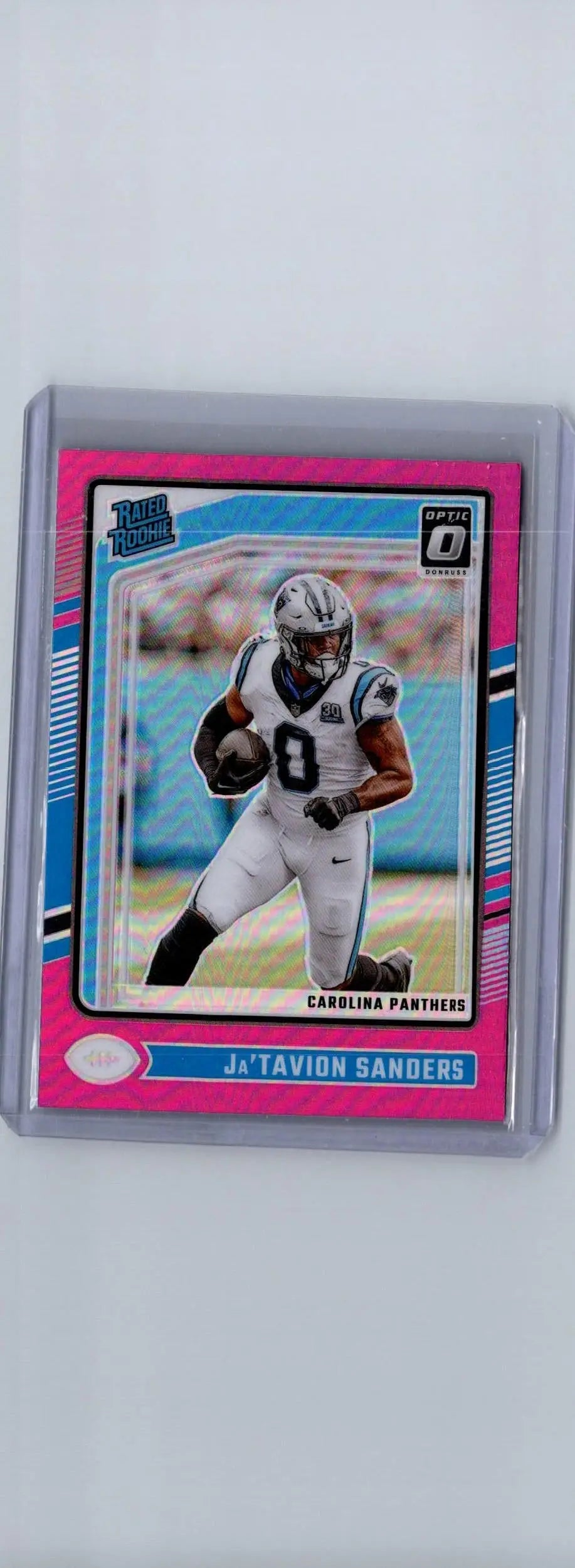 Ja’Tavion Sanders football card from 2024 Donruss Optic Sanders Pink series