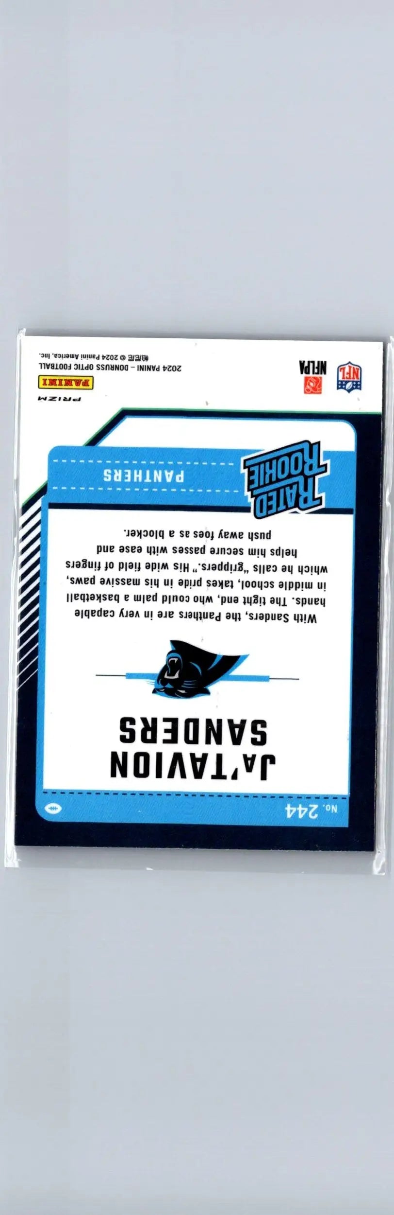 Ja’Tavion Sanders Carolina Panthers football card with Sanders Purple Scope from Donruss Optic