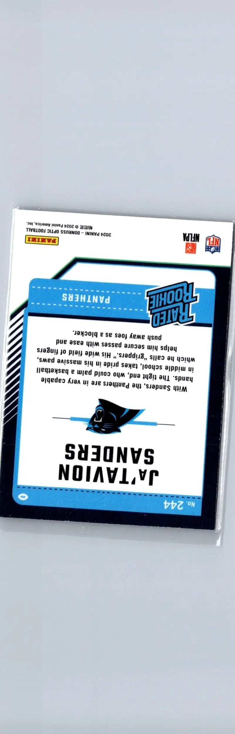 Back of a football trading card featuring Ja’Tavion Sanders from 2024 Donruss Optic