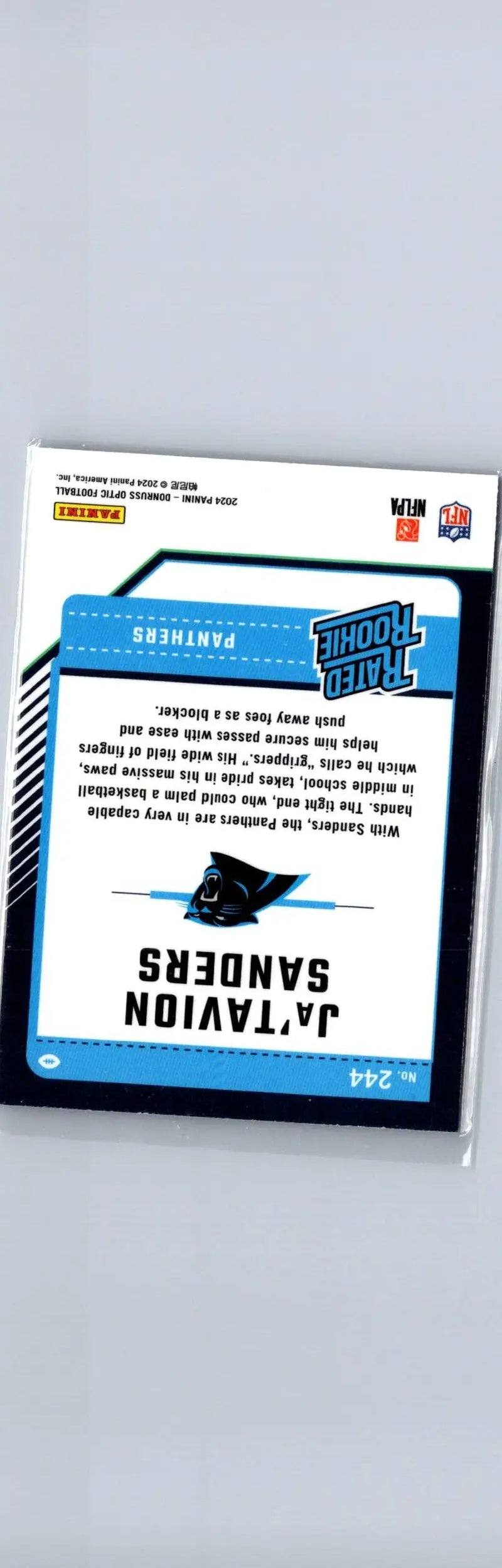 Back of a football trading card featuring Ja’Tavion Sanders from 2024 Donruss Optic