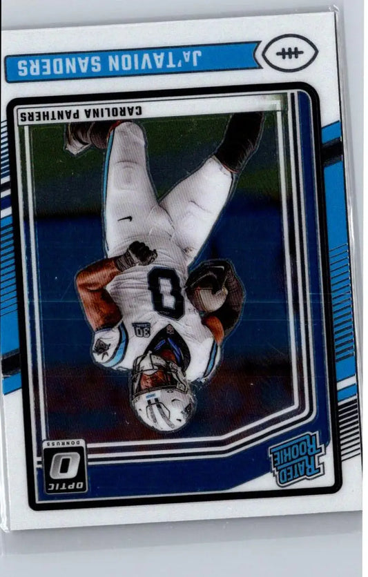 Football trading card featuring Ja’Tavion Sanders in white and blue uniform from Donruss Optic 2024