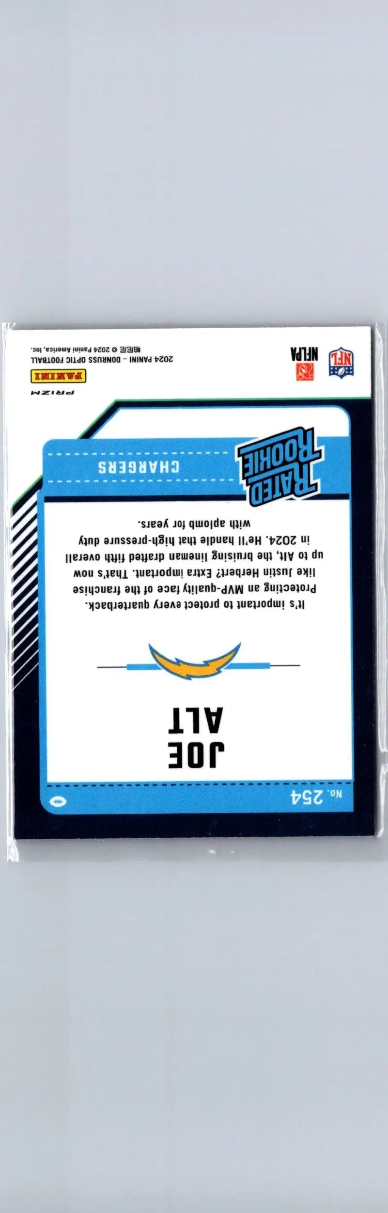 Back of a 2024 Donruss Optic Joe Alt Pink football trading card featuring alt pink design