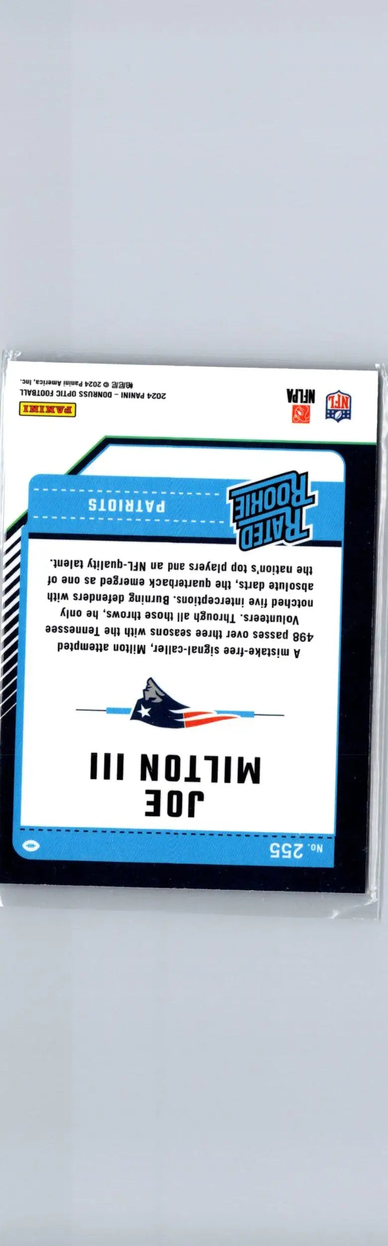 Football trading card for Joe Milton III from 2024 Donruss Optic featuring Rated Rookie and Patriots branding