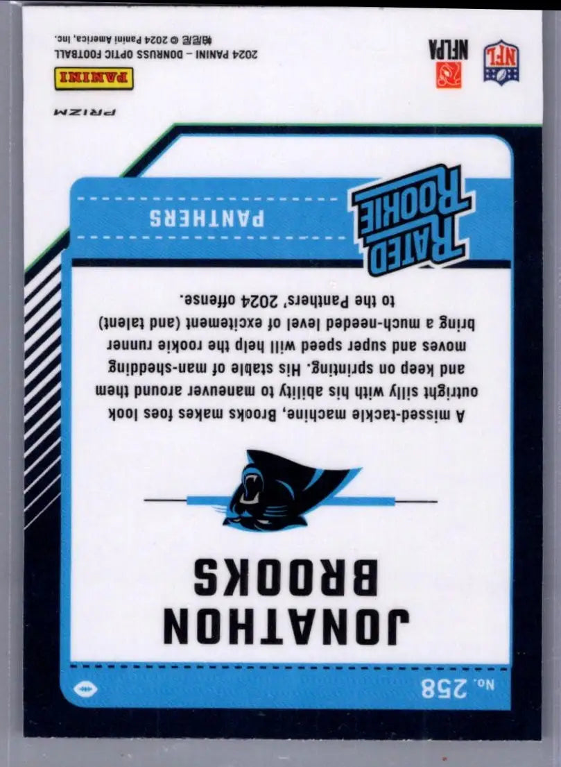 Back of a Panini Donruss Optic football trading card featuring Jonathon Brooks Purple Shock