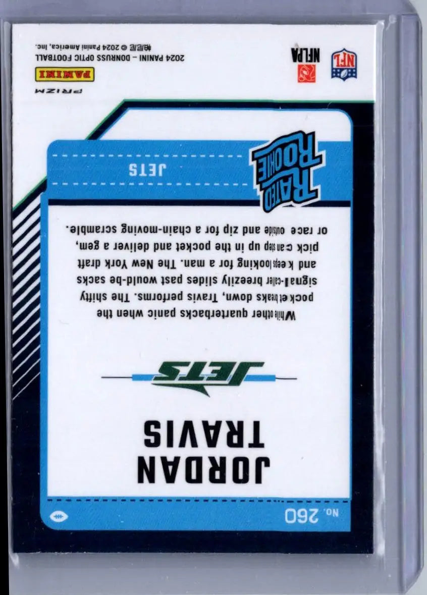 2024 Donruss Optic Jordan Travis Holo football card featuring Jordan Travis holo design