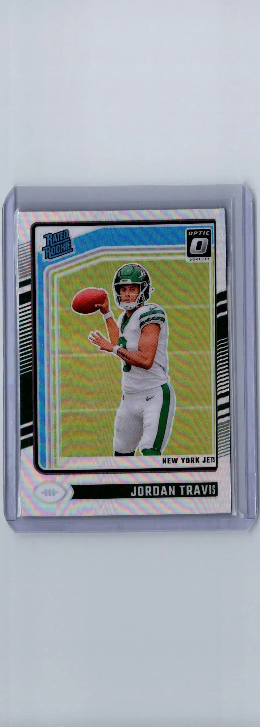 Jordan Travis football card from 2024 Donruss Optic with holo finish