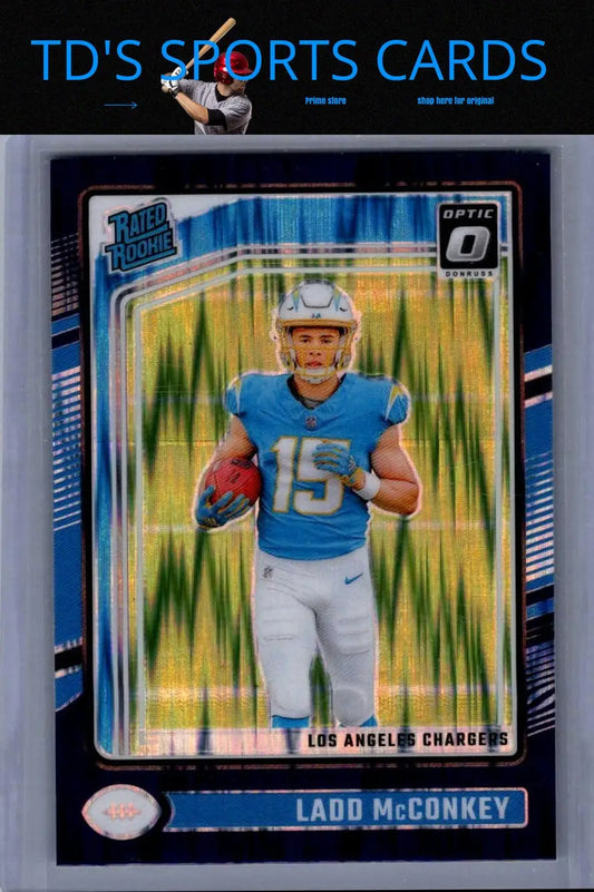Ladd McConkey football card 2024 Donruss Optic Purple Shock featuring Ladd McConkey purple