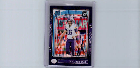Football trading card of Will Reichard in Minnesota Vikings uniform, Reichard Purple Shock, Donruss Optic