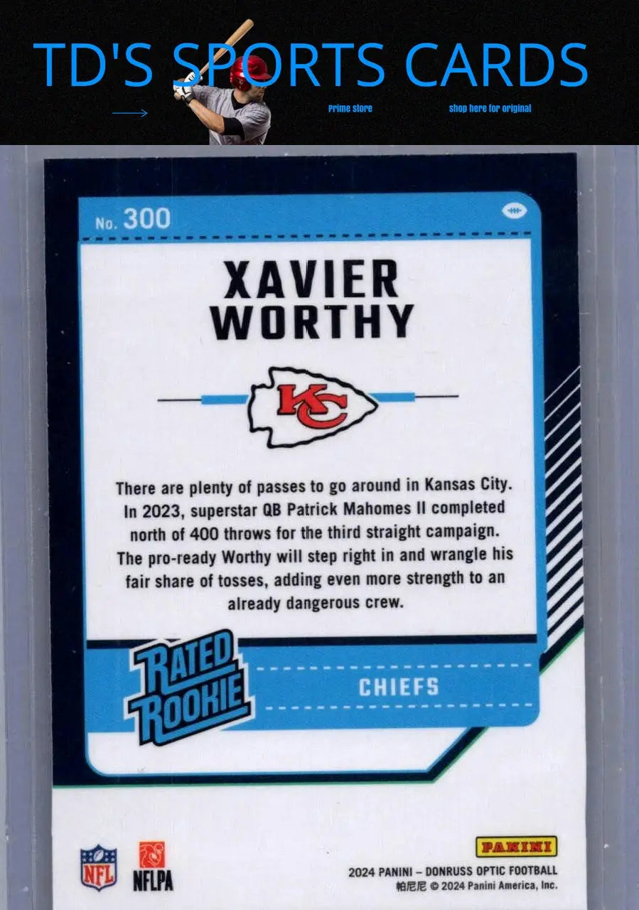 2024 Donruss Optic Xavier Worthy football card collectible, featuring Xavier Worthy