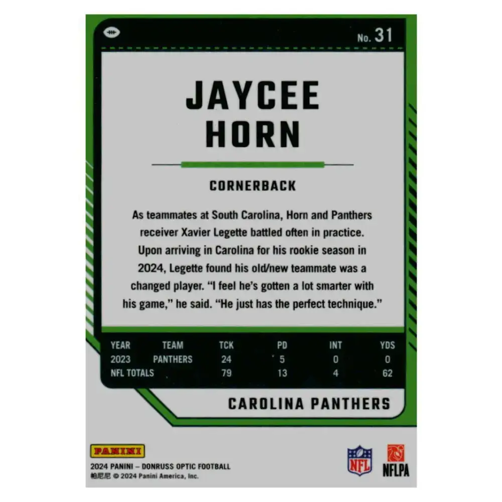 2024 Donruss Optic #31 Jaycee Horn NM-MT Carolina Panthers Football Card - Football Card Single