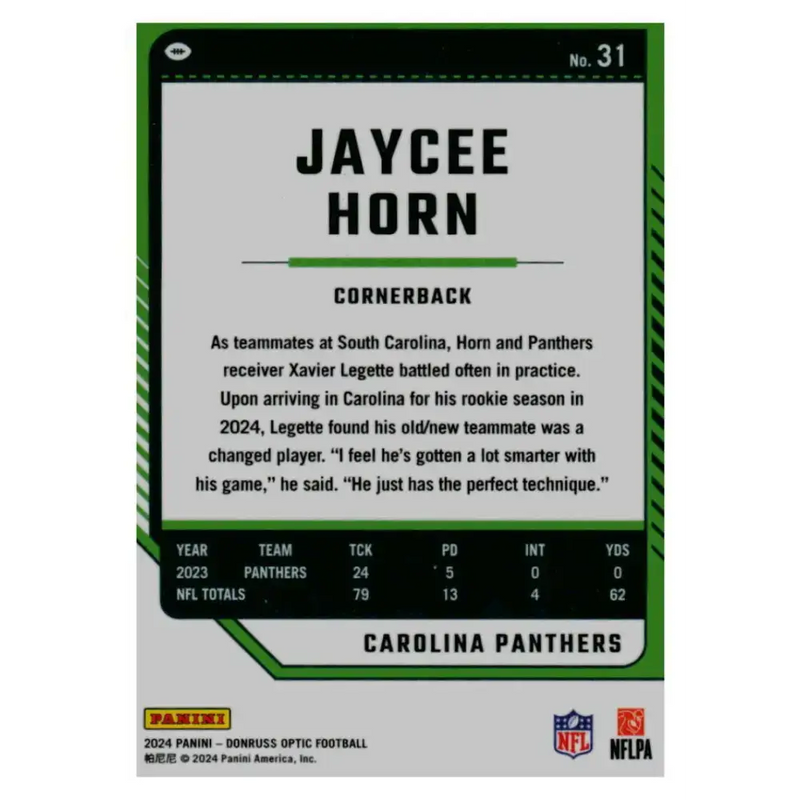 2024 Donruss Optic #31 Jaycee Horn NM-MT Carolina Panthers Football Card - Football Card Single