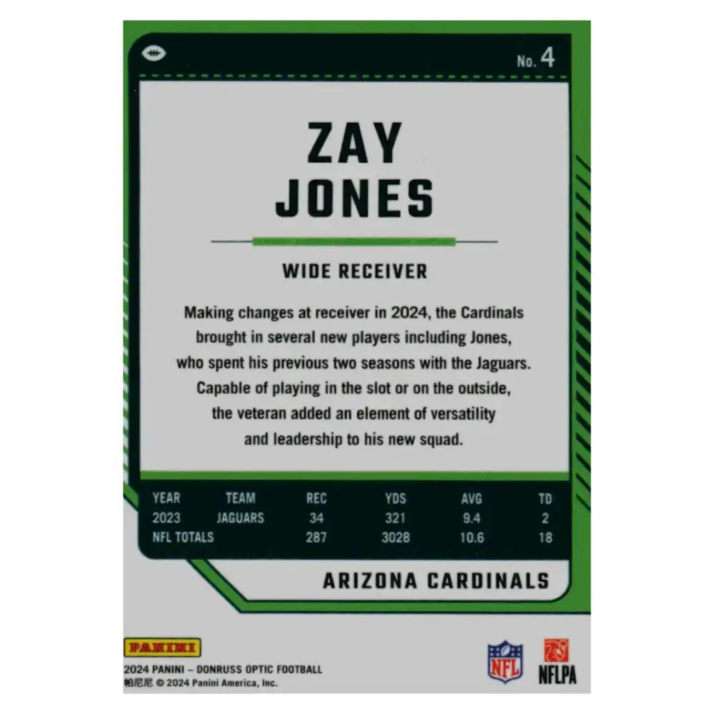 2024 Donruss Optic #4 Zay Jones NM-MT Arizona Cardinals Football Card - Football Card Single