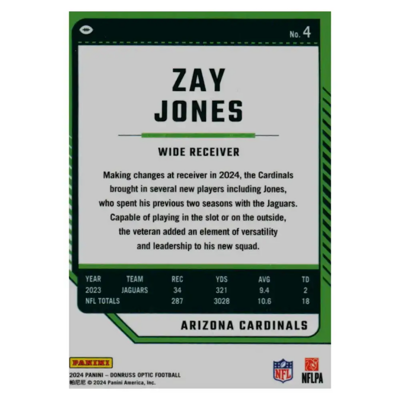2024 Donruss Optic #4 Zay Jones NM-MT Arizona Cardinals Football Card - Football Card Single