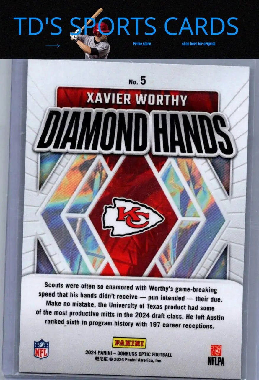 Xavier Worthy Diamond Hands football card from 2024 Donruss Optic series