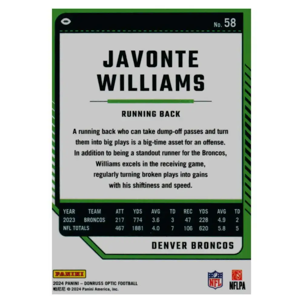 2024 Donruss Optic #58 Javonte Williams NM-MT Denver Broncos Football Card - Football Card Single